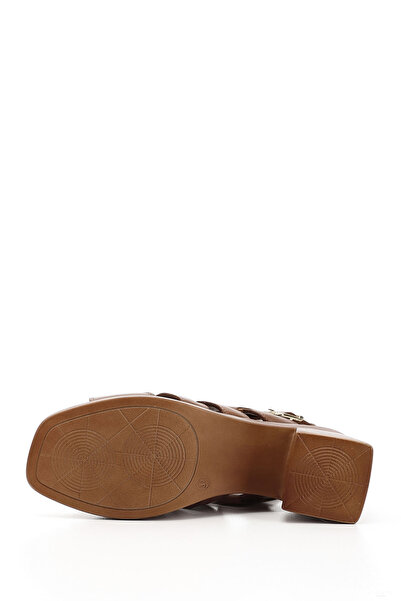 GÖNDERİ(R) Women / Girls Tan Antique Braided Thick Heeled Genuine Leather Sandals