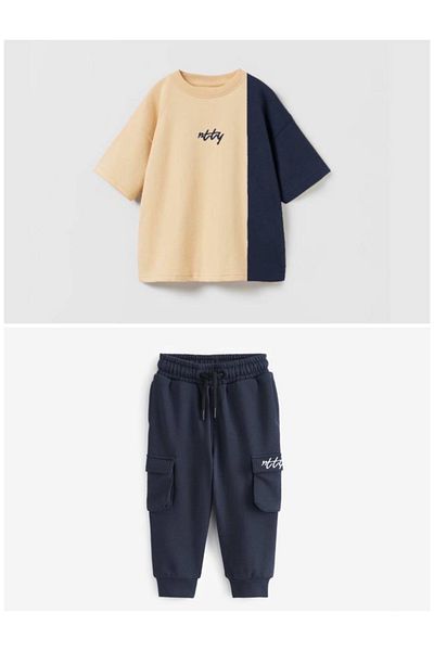 Sipsirin Ntty Kids Boys Color Block Cargo Pocket 2-Piece Set - Navy Blue/Beige (5-14 Years)
