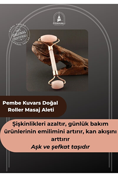 OSMANLI DOĞAL TAŞ Sertifikalı Pembe Kuvars Doğal Taşı roller Masaj Aleti - 15 X 6 Cm Ma038