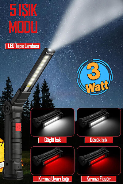 Badem10 Ledli El Feneri Lambası 5 Modlu Şarjlı Mıknatıslı Kamp Feneri Beyaz K...