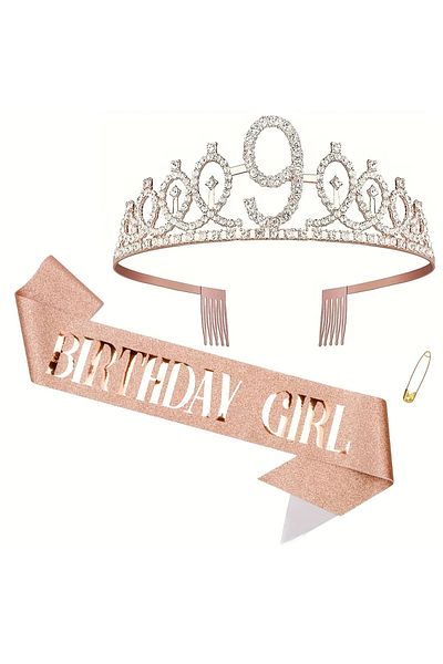 GlassySKY Birthday 9 Years Old Written Crown and Wonderful Ribbon (2 Pieces), Birthday Party Gift