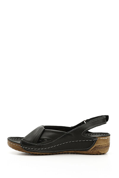 GÖNDERİ(R) Damen-/Mädchen-Komfortsandalen aus schwarzem Echtleder mit Keilsohle