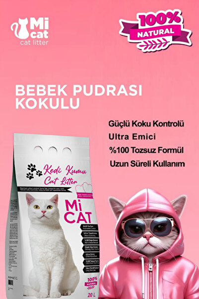 Mİ CAT 20 Litre Natural Bebek Pudra Kokulu Bentonit Kedi Kumu Tozsuz Ultra To...