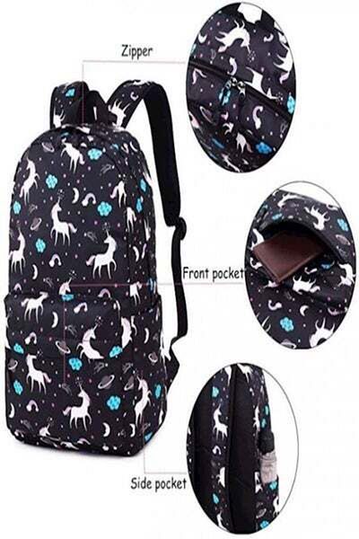 HALAMODO 3-Piece Unicorn Printed Backpack Set Black/White/Blue