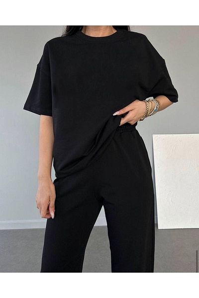 DUBU BUTİK Basic T-shirt Sweatpants Jogger - Μαύρο Flat Bottom Top Σετ φόρμας Oversize Crew Neck