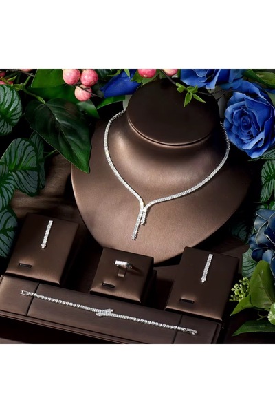 VİYA Angela Zirkon Taşlı Takı Seti Kolye Küpe Yüzük Bileklik Hediye Set