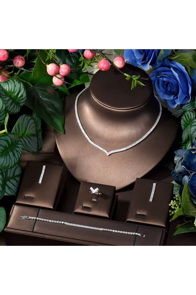 VİYA Adelfa Zirkon Taşlı Takı Seti Kolye Küpe Bileklik Yüzük Set Düğün Nişan Seti