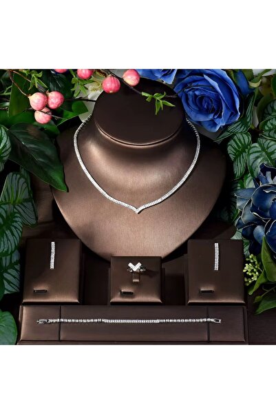 VİYA Adelfa Zirkon Taşlı Takı Seti Kolye Küpe Bileklik Yüzük Set Düğün Nişan Seti