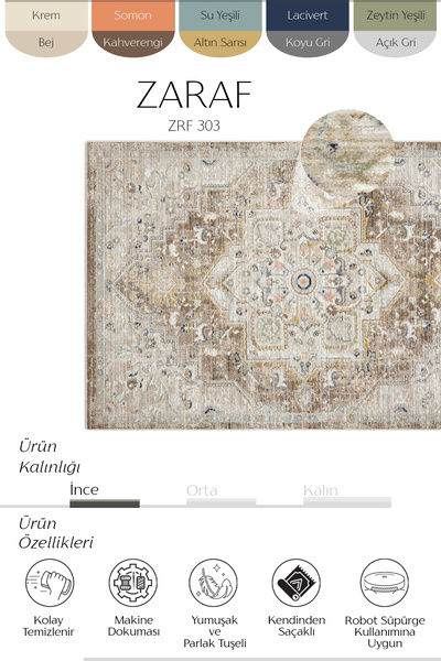 Cool Halı Zaraf Cream Coffee Classic Round Carpet – Thin Summer Woven Rug for Living Room & Hall