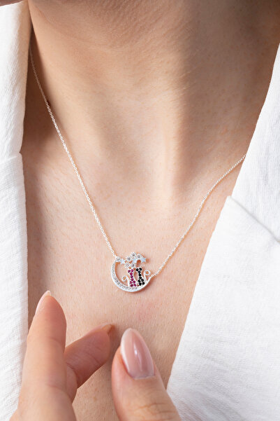 Elika Silver 925 Ayar Gümüş Ay Üstünde Aşık Kedi Figürlü Kolye