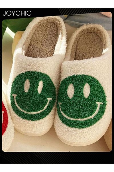HALAMODO Autumn Winter Warm Smiley Face Designed Bedroom Slippers White/Green for Women/ Men