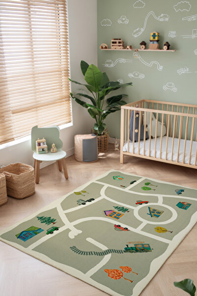 Cool Halı Bonita Yeşil Araba Yolu Desenli Arabalı Halı Yıkanabilir Çocuk Halısı Yumuşak İpeksi Bebek Halısı