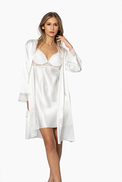 Pierre Cardin Saten Dantelli Kadın Gecelik Ve Sabahlık Takımı - 4285 Ekru
