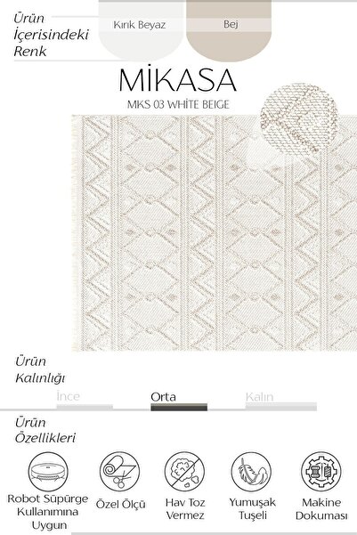 Cool Halı Mikasa Mks 03 Beyaz Bej Yumuşak Dokulu Halı Kilim Salon Koridor Yolluk Dokuma Makine Halısı