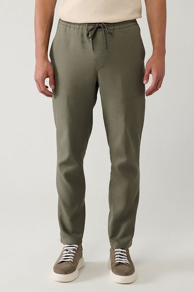 Avva Men's Light Khaki Relaxed Fit Side Pockets Elastic Waist 100% Cotton Linen Textured Trousers E003052