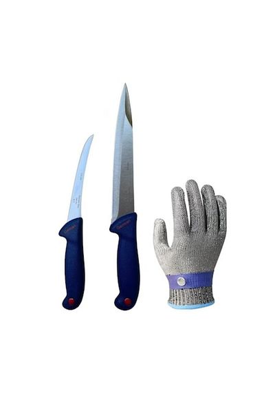 Globalport Retail Set of 2 stainless steel butcher knives + XL anti-cut glove, professionally boning and stabbing