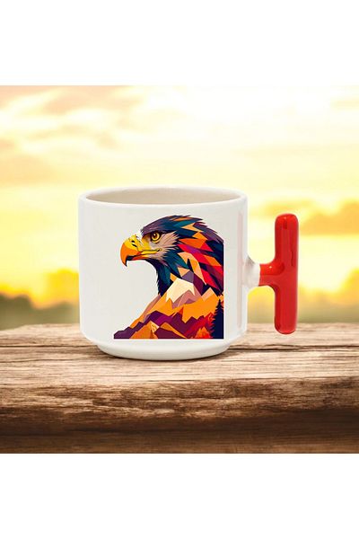BB TRADE Colorful Bird Design Red T-Handle Ceramic Printed Mug 250 ml