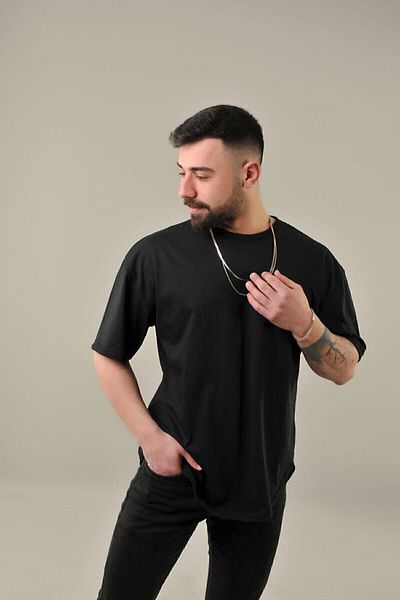 DUBU BUTİK Men's Plain Basic T-shirt - Black Oversize Crew Neck Short Sleeve T-Shirt