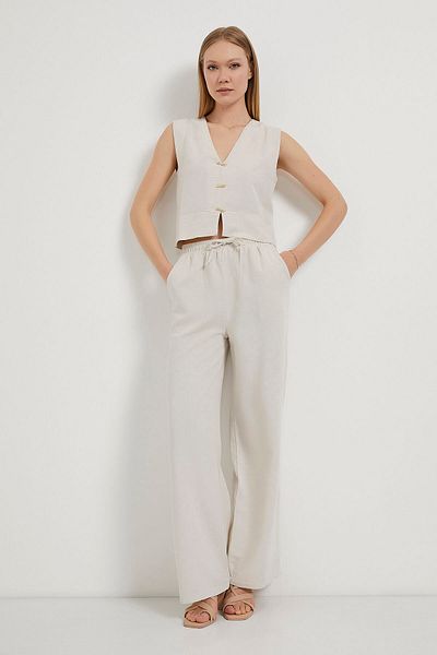 Arma Life Women's Linen Look V-Neck Blouse Elastic Trousers Double Bottom Top Set