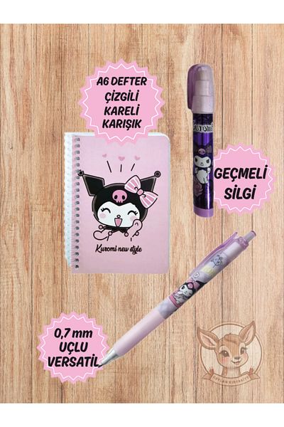 Ceylan Kırtasiye Kuromi Pink Set - Notepad, 07 Versatil Pen and Egg-Popping Rocket Eraser (3 Pieces) Chromium