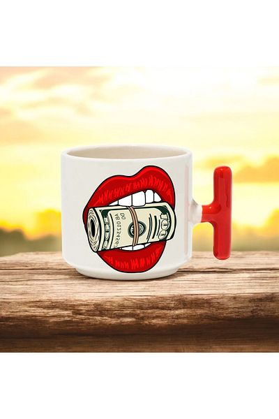 BB TRADE Dollar Design Red T-Handle Ceramic Printed Mug 250 ml