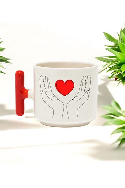 BB TRADE Heart Design Red t Handle Ceramic Printed Mug Cup 250 ml