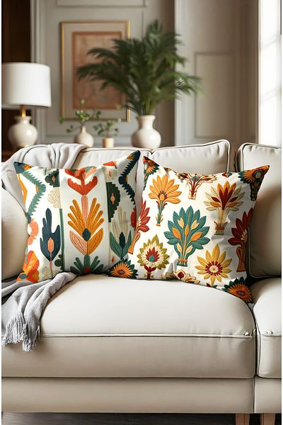 CANİLA Embroidery Floral Patterned Double Sided Digital Printed Throw Pillow Cover. Soft Throw Pillow Cover