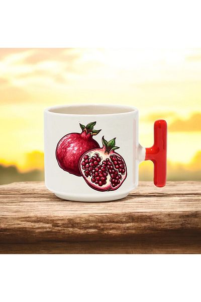 BB TRADE Pomegranate Designed Red T-Handle Ceramic Printed Mug 250 ml