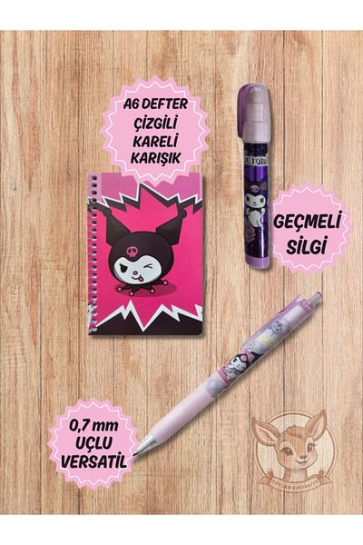 Ceylan Kırtasiye Kuromi 07 Notebook - Versatil Laying Egg Pen and Rocket Eraser (Set of 3) - Kromi