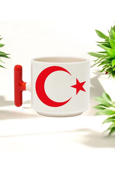 BB TRADE Ayyıldız Designed Red t Handle Ceramic Printed Mug Cup 250 ml