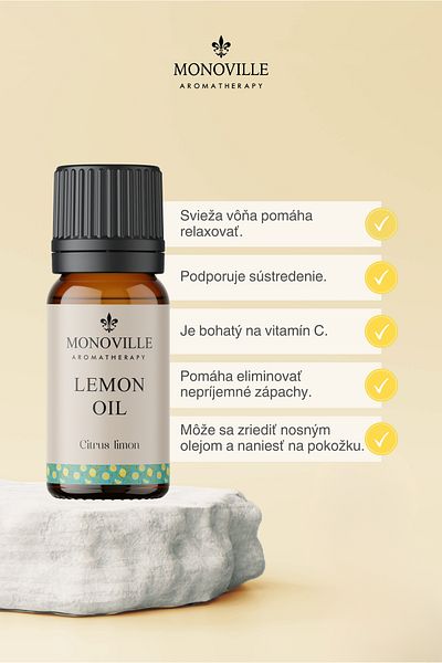 Monoville Citrónový esenciálny olej 10 ml 100% čistý a prírodný (citrónový esenciálny olej)