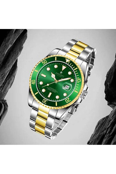 MACON IIK Rotatable Bezel Sapphire Glass Stainless Steel Band Sport Quartz Wrist Watch for Men – Green a