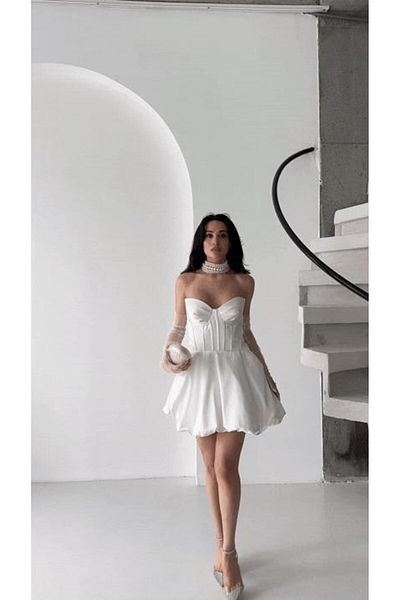 Serica Moda White Corset Detailed Balloon Skirt Mini Evening Dress