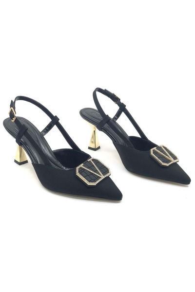 KOCAMANLAR Feles V Buckle Detailed Open Back Stiletto Women's Heeled Shoes Black