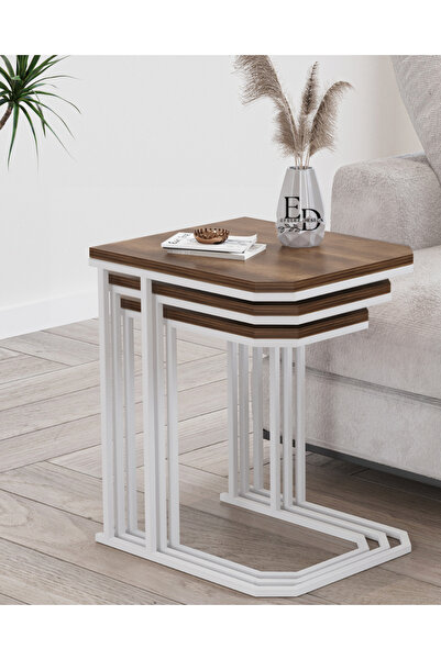 ED Efelez Design Zigon Sehpa , Lyon 3'lü C Zigon Sehpa Takımı , Beyaz Metal -...