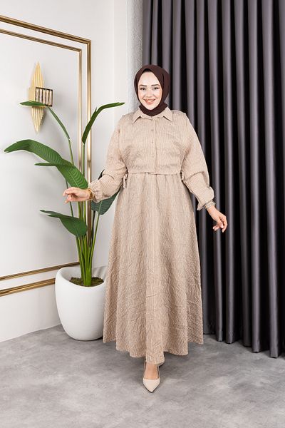 Sfg Life Moda Women's Mink Hijab Clothing Shirt Detailed Striped Viscose Crashed Dress Double Suit