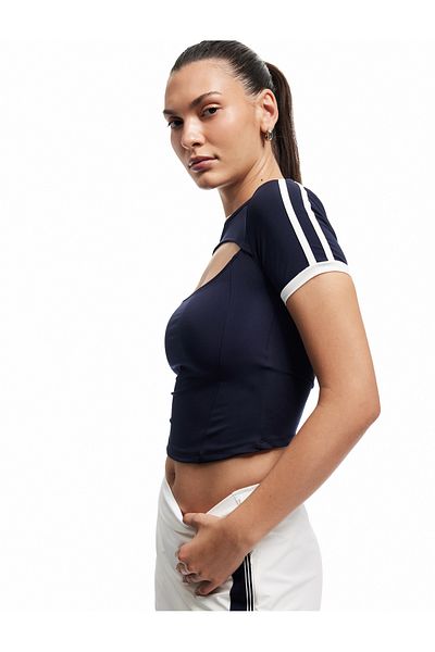 Koton Tricou sport cu mânecă scurtă, cu decolteu, cu fereastră, cu dungi