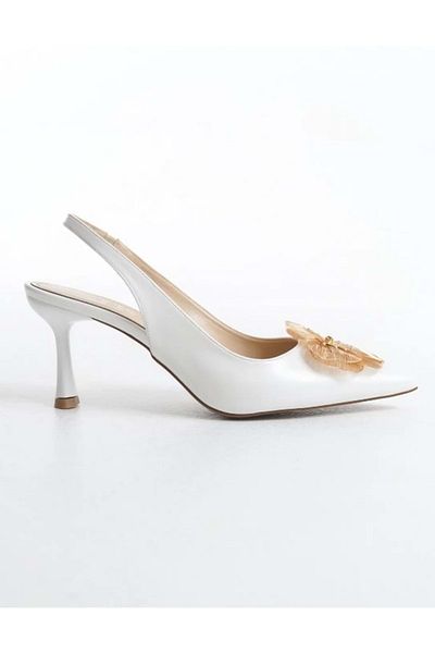 KOCAMANLAR Feles Yellow Rose Detailed Open Back Stiletto Women's Heeled Shoes White
