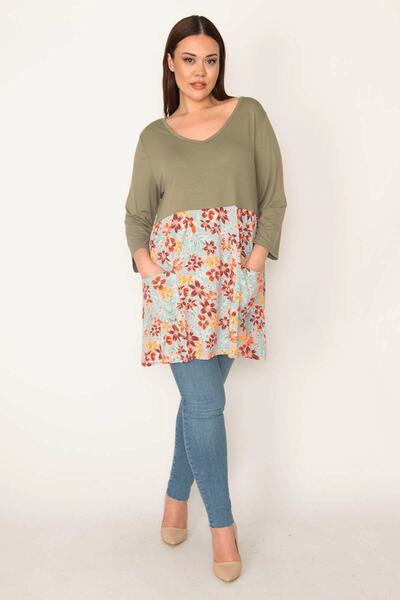 Şans Жіноча сукня-туніка великого розміру хакі з принтами та кишенями 65n32889