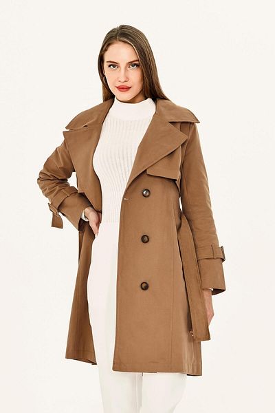 PASTELASTORE 100% Cotton Gabardine Midi (95CM) Lined Belted Women's Trench Coat 1113