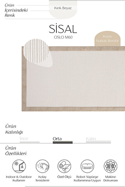 Cool Halı Oslo M60 Beyaz Mutfak Halısı Hasır Dokulu Leke Tutmaz Tezgah Önü Yolluk Dokuma Bordürlü Sisal Halı