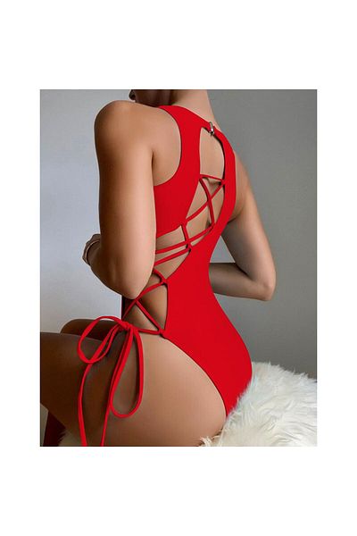 EZRA Red One-Piece Women's Swimsuit with Rope Detail