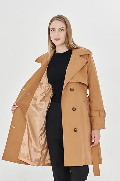 PASTELASTORE 100% Cotton Gabardine Midi (95cm) Lined Belted Women's Trench Coat 1113