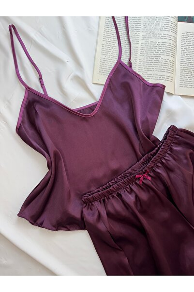 ROZENİN LINGERIE Plum Adjustable Strap Satin Pajama Set