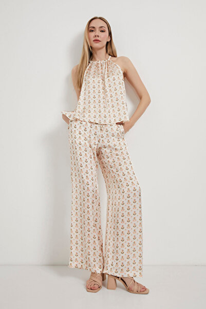 Arma Life Kadın Saten Dokulu Desenli Bol Ekru Baggy Pantolon