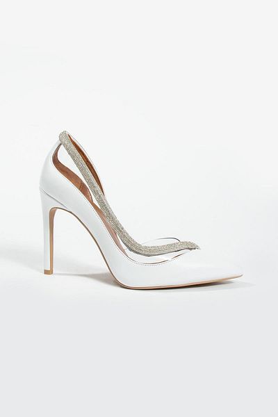 FOLLİNİ Women's White Genuine Leather Stone Detailed Heeled Shoes