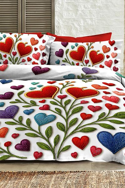MonoHome 100% Cotton Ranforce Dowry Luxury 5D Digital Double Duvet Cover Set Embroidered Heart