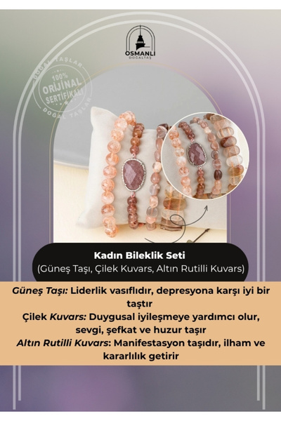OSMANLI DOĞAL TAŞ Güçlü Irade 4'lü Kadın Bileklik Seti (güneş Taşı, Çilek Kuv...