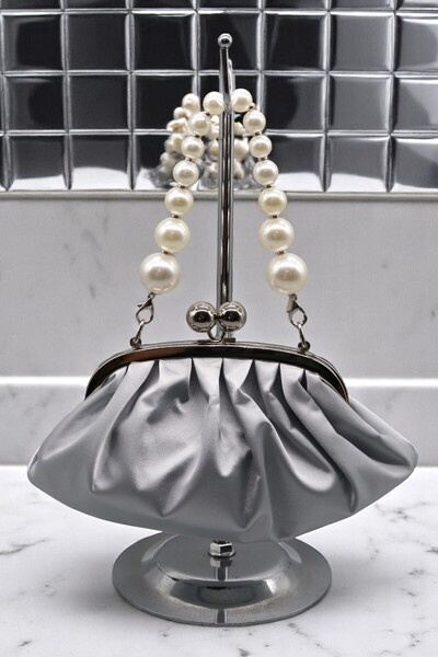 HFKY Γυναικείο σατέν ασημένιο βραδινό φόρεμα με πέρλες Clutch Portfolio Νυχτερινή τσάντα αρραβώνων