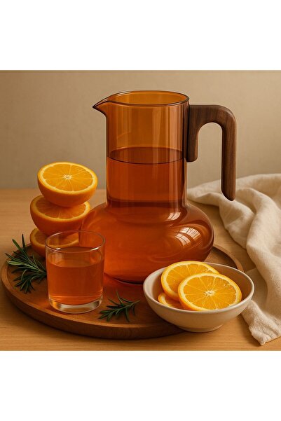 Qerhome Borosilikat Cam Akasya Saplı Luna Amber Sürahi 1200 ml